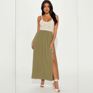 NWT Fashion Nova Women's Olive and Cream Maxi Dress - Size XS